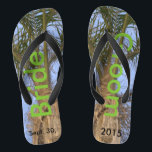 Bride Groom Palm Trees Blue Sky Flip Flops<br><div class="desc">Cool Palm Trees with a Pretty Blue Sky Unisex Flip Flops with Bride and Groom written in a nice green color text on both flip flops, and Date of Marriage in black text. Feel your unity with every step you take. Leave wordig on each flip flop as is Bride and...</div>