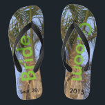 Bride Groom Palm Trees Blue Sky Flip Flops<br><div class="desc">Cool Palm Trees with a Pretty Blue Sky Unisex Flip Flops with Bride and Groom written in a nice green color text on both flip flops, and Date of Marriage in black text. Feel your unity with every step you take. Leave wordig on each flip flop as is Bride and...</div>