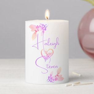 Bride & Groom Peach & Purple 'Heart & Flowers' Pillar Candle