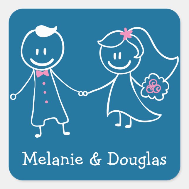 Bride & Groom Personalized Blue Wedding Stickers (Front)