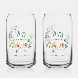Bride & Groom Personalized Mr & Mrs Floral Can Glass