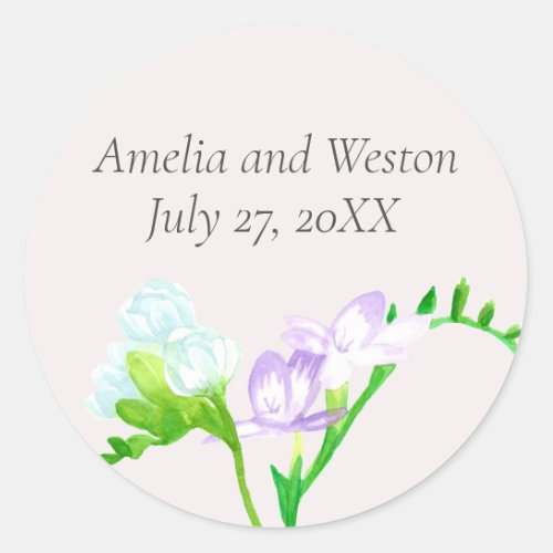 Bride Groom Personalized Wedding Date Freesia  Classic Round Sticker