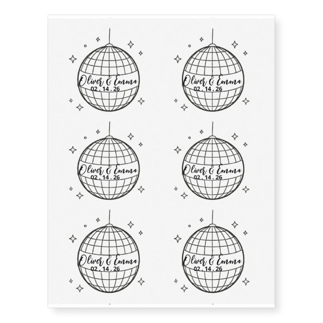 Bride & Groom Personalized Wedding Disco Ball Name Temporary Tattoos (Front)