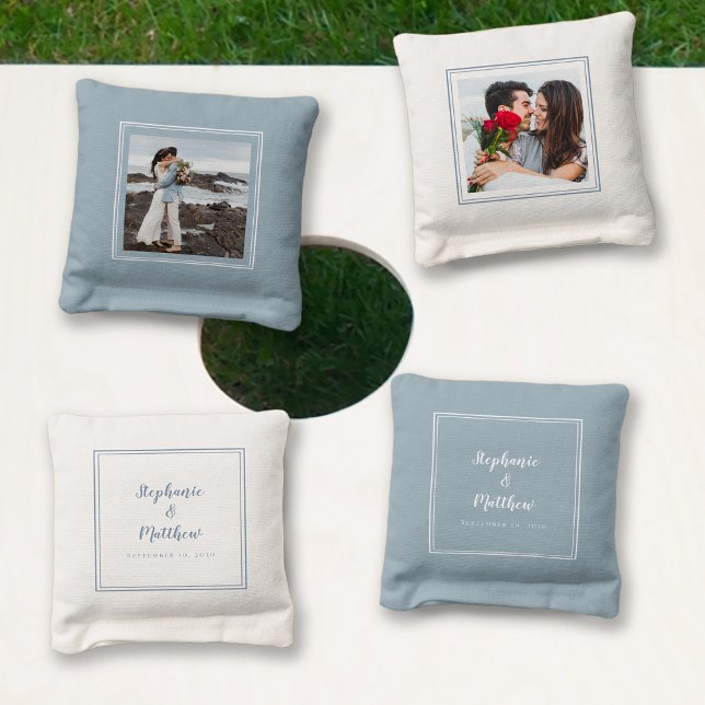 Bride & Groom Photo Wedding Engagement Blue White Cornhole Bags (Bride & Groom Photo Wedding Engagement Dusty Blue & White Party Cornhole Bags)