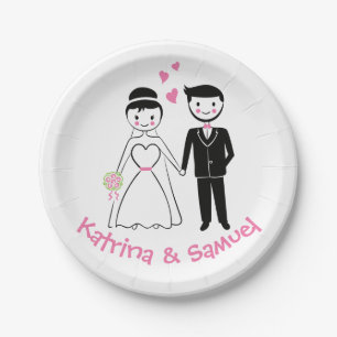 Bride Groom Pink Black Cartoon Wedding Paper Plates