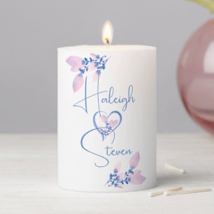 Bride & Groom Pink & Blue 'Heart & Flowers' Pillar Candle