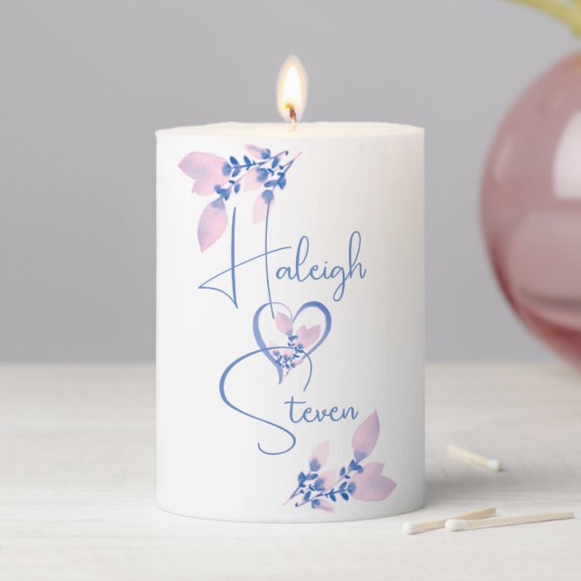 Bride & Groom Pink & Blue 'Heart & Flowers' Pillar Candle (In Situ)