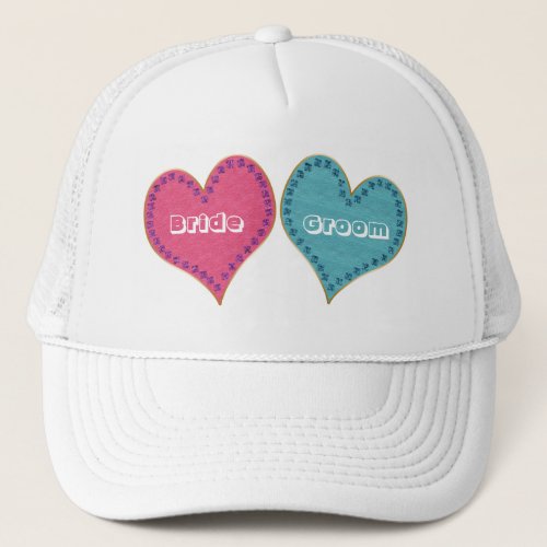 Bride  Groom Pink Blue Hearts with little Jewels Trucker Hat
