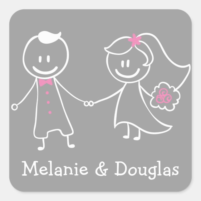 Bride & Groom Pink & Gray Wedding Announcement Square Sticker (Front)