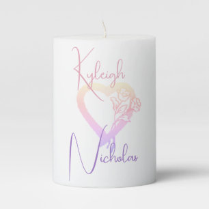 Bride & Groom Pink Purple 'Heart & Roses' Pillar Candle