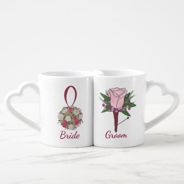 Bride Groom Pink Rose Wedding Flower Couples Mug (Front Nesting)