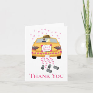Bride Groom Pink Yellow Taxi Just Married Wedding Letterpress Thank You Card