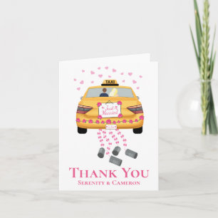 Bride Groom Pink Yellow Taxi Just Married Wedding  Letterpress Thank You Card