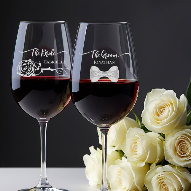 Bride & Groom Rose & Bow Tie Elegant Wedding Wine Glass (Creator Uploaded)