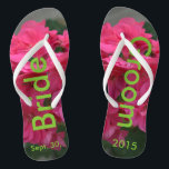 Bride Groom Rose Geranium Flip Flops<br><div class="desc">Pretty Rose Geranium Women's pink floral Flip Flops for the newlywed couple. With the wording in a nice green color, Bride Groom and Date of Marriage (PERSONALIZE with your Wedding DATE, or delete text). Perfect for your honeymoon or beach destination wedding, and keepsake item. Original Photography by TamiraZDesigns. Visit my...</div>