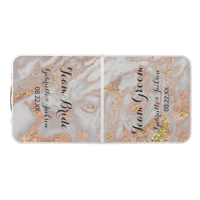 Bride & Groom Rose Gold Marble Swirl Wedding Ping Beer Pong Table (Top)