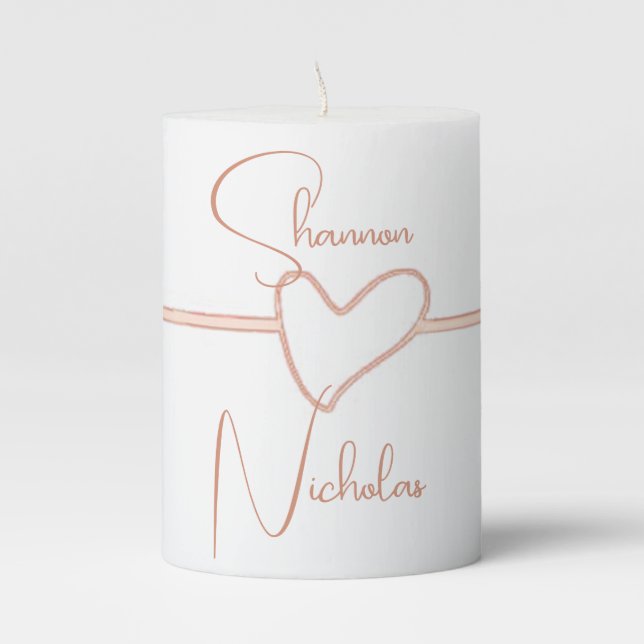 Bride & Groom Rose Gold 'Whimsical Heart' Pillar Candle (Front)