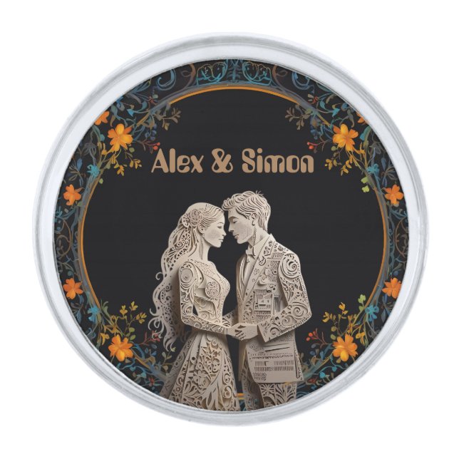 Bride & Groom Royal Classic Silver Finish Lapel Pin (Front)