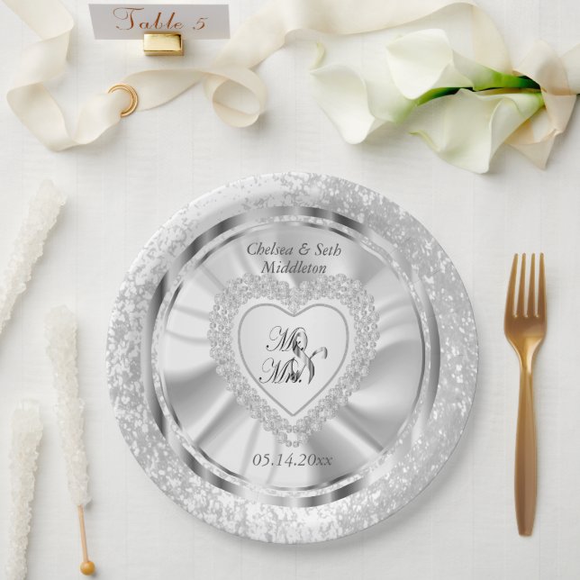 Bride & Groom Satin and Silver Wedding Paper Plates (Wedding)