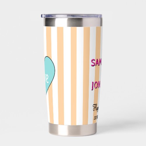 Bride Groom Seafoam Blue Heart Sand White Stripes Insulated Tumbler