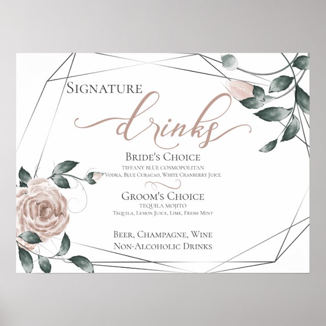 Bride Groom Signature Drinks Bar Menu Pink Poster (Front)