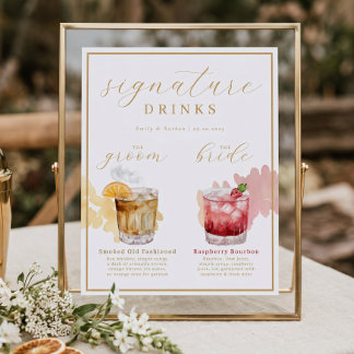 Bride & Groom Signature Drinks Watercolor Cocktail Poster