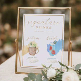 Bride & Groom Signature Drinks Watercolor Cocktail Poster