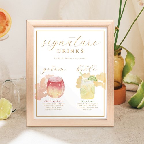 Bride  Groom Signature Drinks Watercolor Cocktail Poster