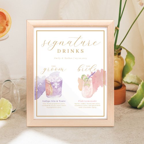 Bride  Groom Signature Drinks Watercolor Cocktail Poster