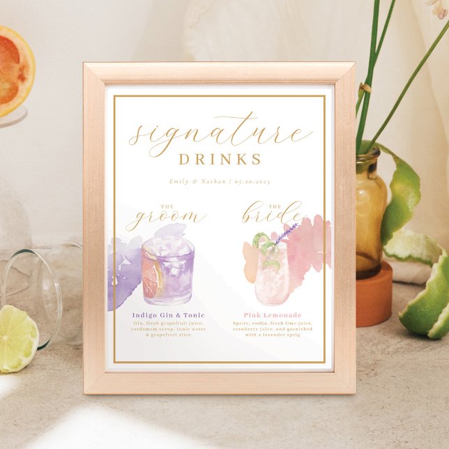 Bride & Groom Signature Drinks Watercolor Cocktail Poster (Creator Uploaded)
