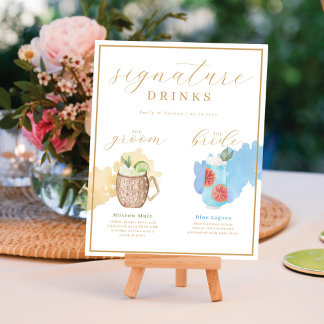 Bride & Groom Signature Drinks Watercolor Cocktail Poster