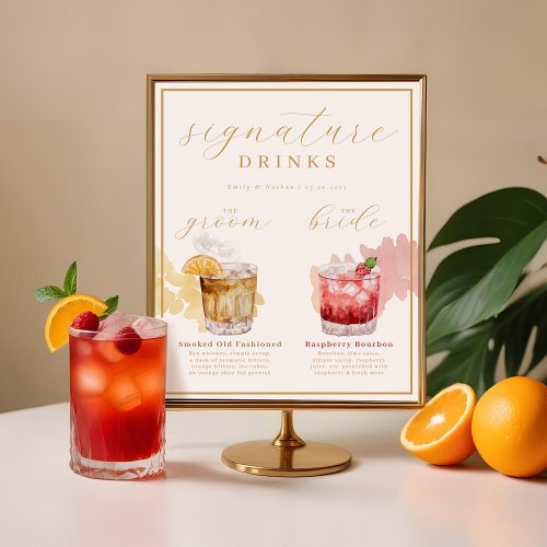 Bride  Groom Signature Drinks Watercolor Cocktail Poster