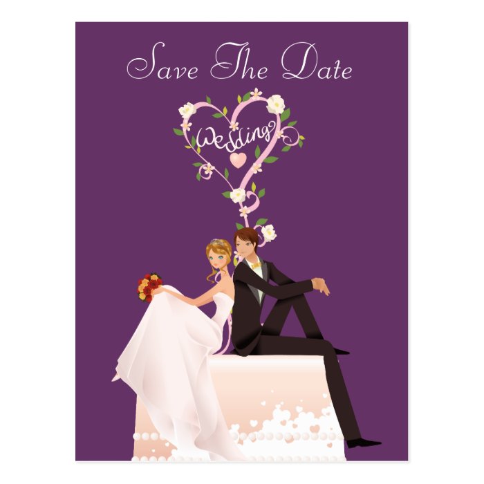 Bride & Groom Sitting on Cake Purple Save The Date Post Cards