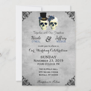 Bride & Groom Skull Goth Rustic Wedding Blue Invitation