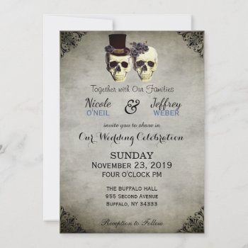 Bride & Groom Skull Goth Rustic Wedding Blue Invitation by My_Wedding_Bliss at Zazzle