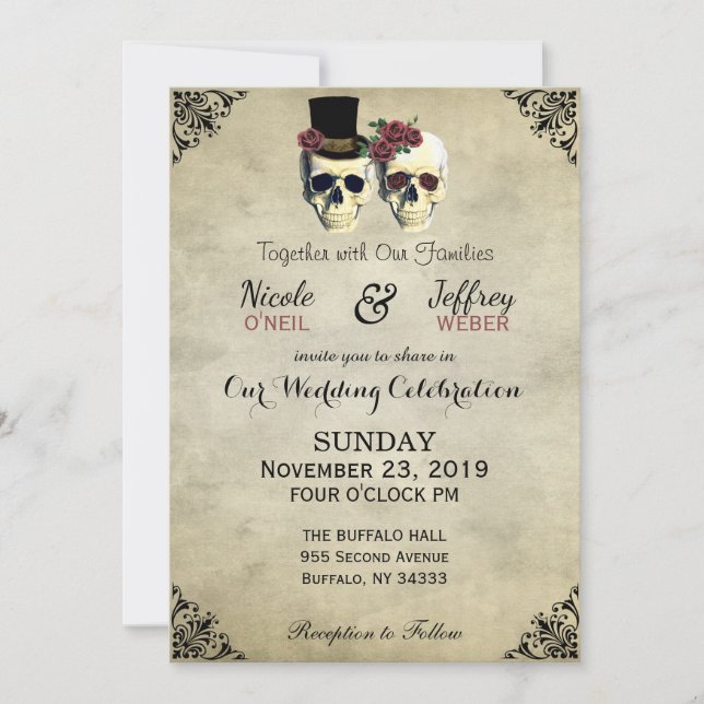 Bride & Groom Skull Goth Rustic Wedding Invitation (Front)