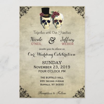 Bride & Groom Skull Goth Rustic Wedding Invitation
