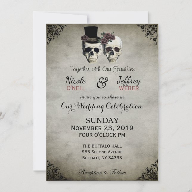 Bride & Groom Skull Goth Rustic Wedding Invitation (Front)