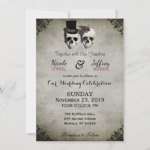 Bride & Groom Skull Goth Rustic Wedding Invitation