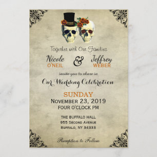 Bride & Groom Skull Goth Rustic Wedding Orange Invitation