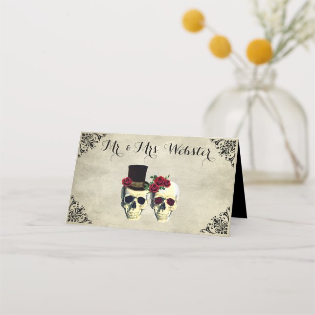 Bride & Groom Skull Goth Rustic Wedding Place Card (Front)