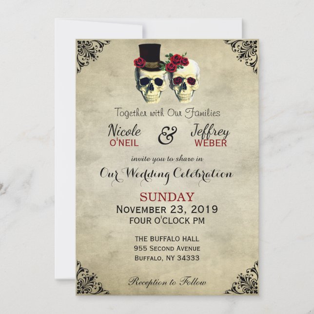 Bride & Groom Skull Goth Rustic Wedding Red Invitation (Front)