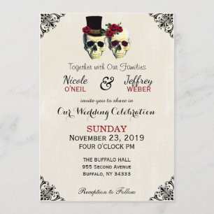 Bride & Groom Skull Goth Rustic Wedding Red Invitation