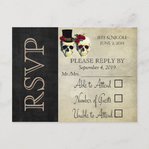Bride  Groom Skull Goth Rustic Wedding Red RSVP Invitation Postcard
