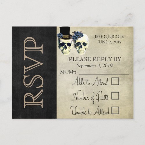 Bride  Groom Skull Goth Rustic Wedding RSVP Invitation Postcard
