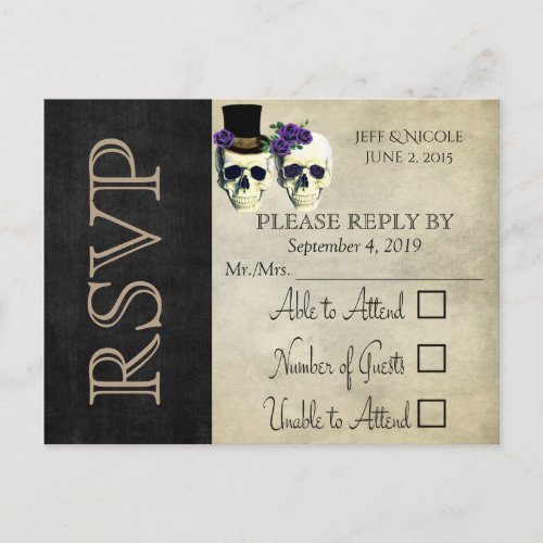 Bride  Groom Skull Lavender Rustic Wedding RSVP Invitation Postcard