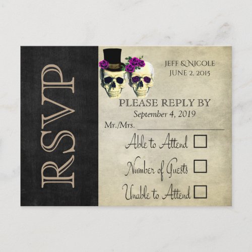 Bride  Groom Skull Purple Rustic Wedding RSVP Invitation Postcard