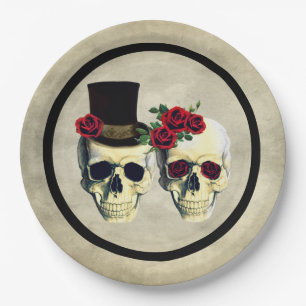 Bride & Groom Skull Skeleton Rustic Wedding Paper Plates