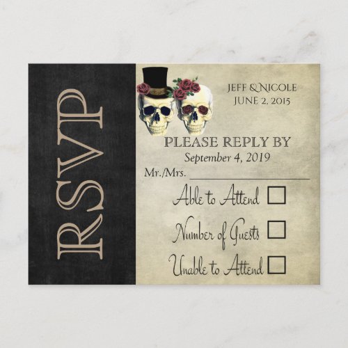 Bride  Groom Skull Teal Rose Wedding RSVP Invitation Postcard