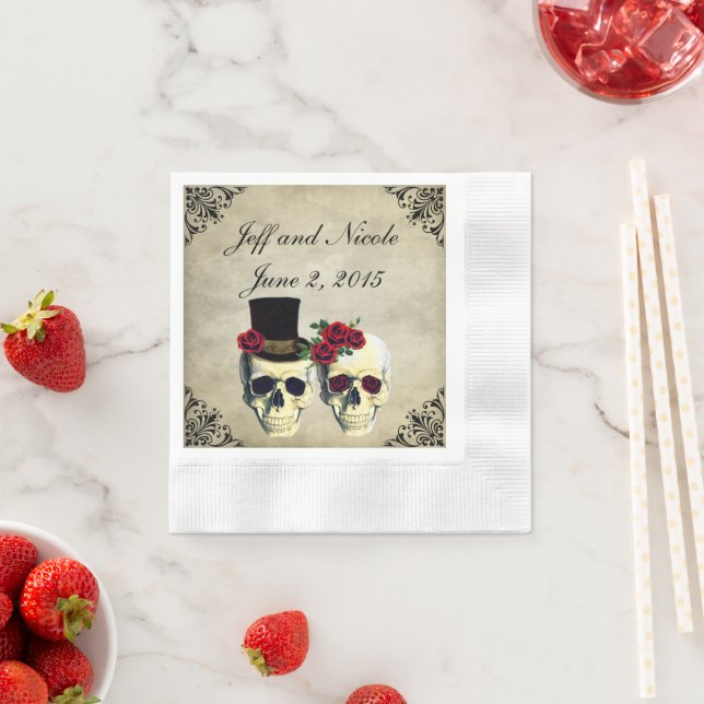 Bride & Groom Skull Wedding Paper Napkins (Insitu)
